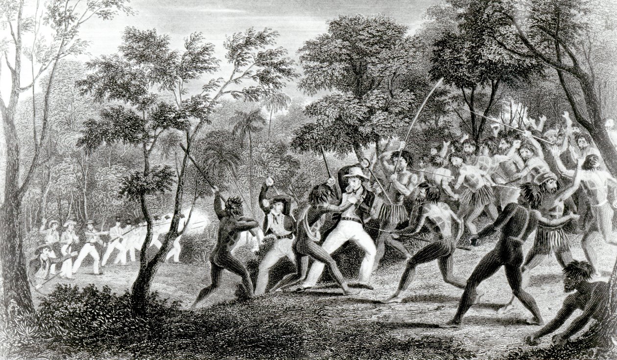 Ataque de los nativos de las Islas Gambier, grabado por Edward Finden, 1831 de Richard B. Beechey
