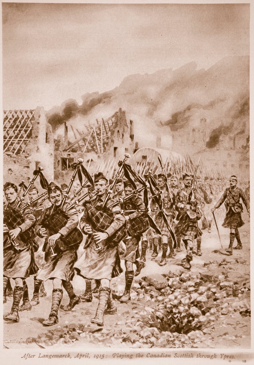 Después de Langemarck, abril de 1915: Tocando la Scottish canadiense a través de Ypres de Richard Caton Woodville junior