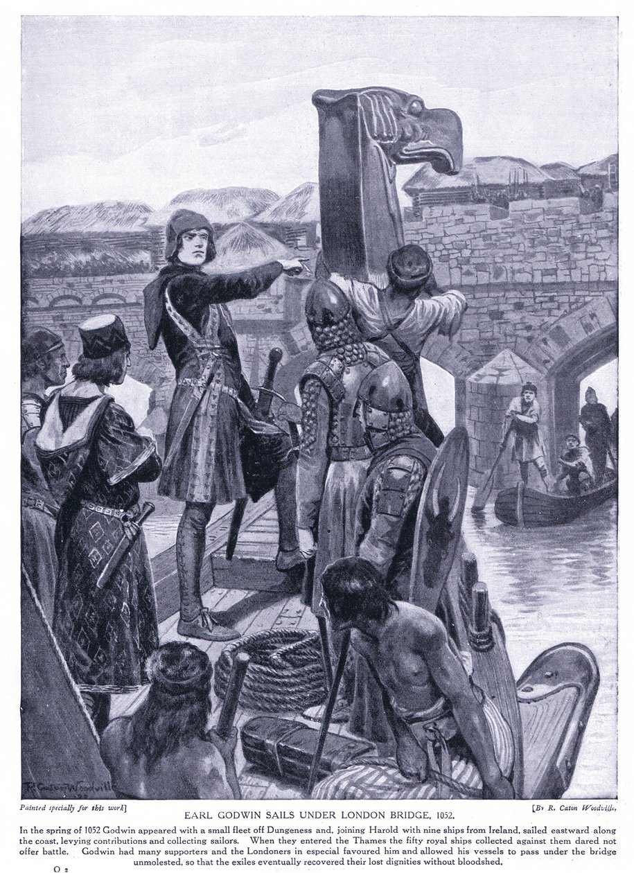 Earl Godwin navega bajo el Puente de Londres AD1025, años 1920 de Richard Caton Woodville junior
