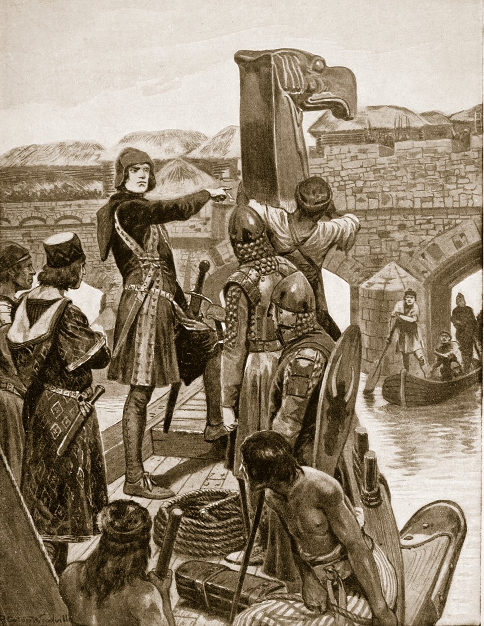 El conde Godwin navega bajo el Puente de Londres en 1052, para unirse a su hijo Harold con 9 barcos de Irlanda, ilustración de 