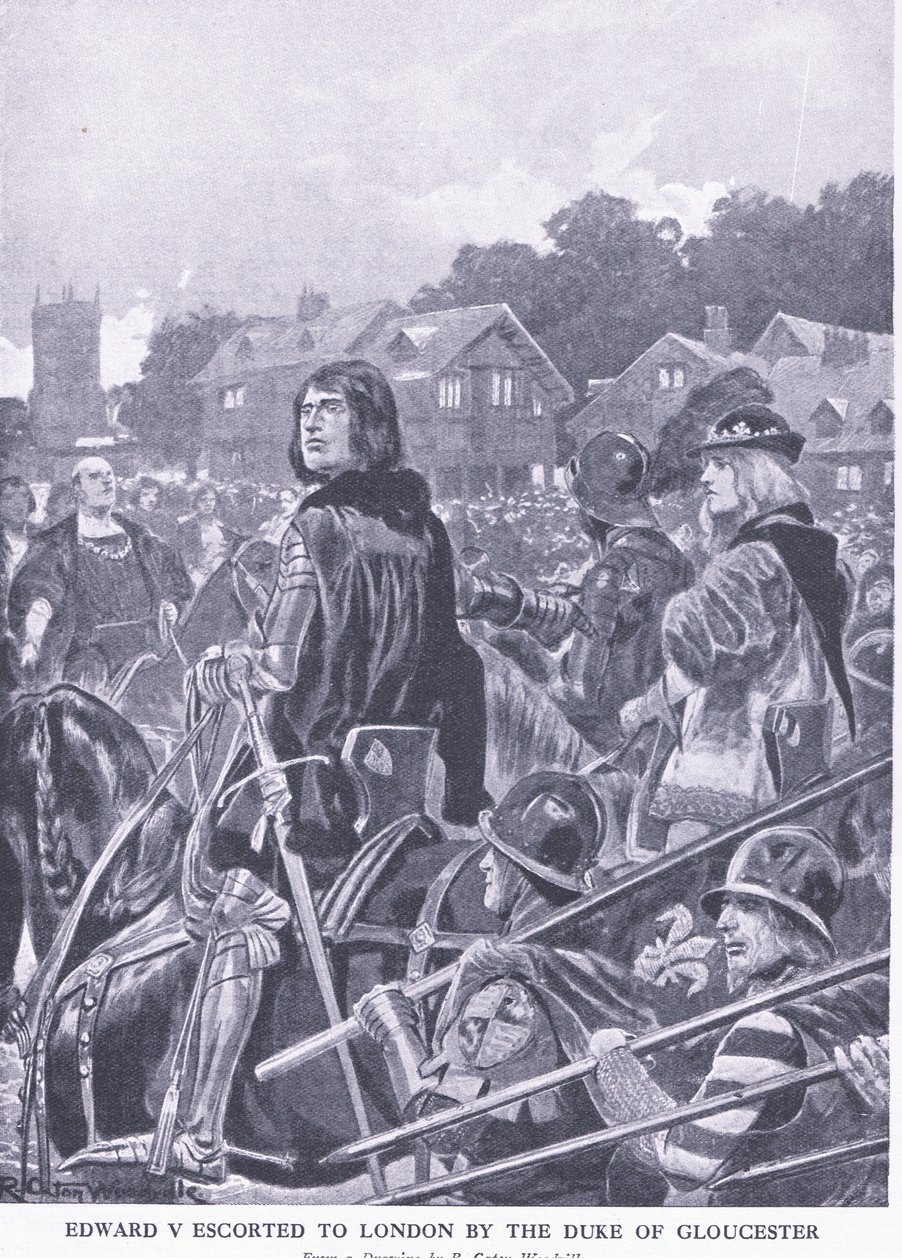 Eduardo V escoltado a Londres por el Duque de Gloucester, de Cassells History of the British People publicado por la Waverley Book Company Limited, c.1940 de Richard Caton Woodville junior
