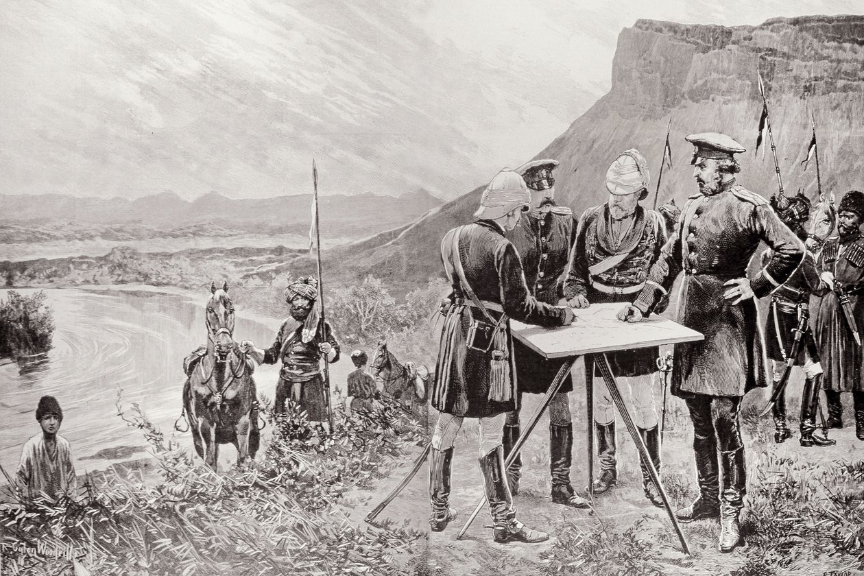 La Comisión de Fronteras de Afganistán: Los comisionados rusos y británicos en Zulfikar, fijando el sitio del primer poste fronterizo, 12 de noviembre, grabado por R. Taylor, de 