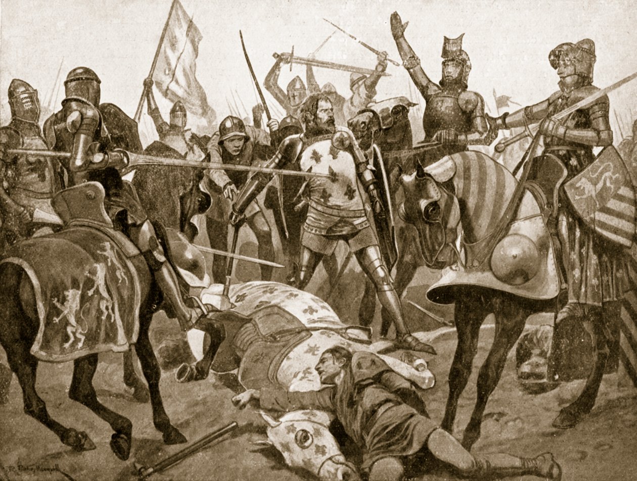La batalla de Poitiers, 19 de septiembre de 1356, ilustración de La historia de la nación británica de Hutchinson, c.1920 de Richard Caton Woodville junior