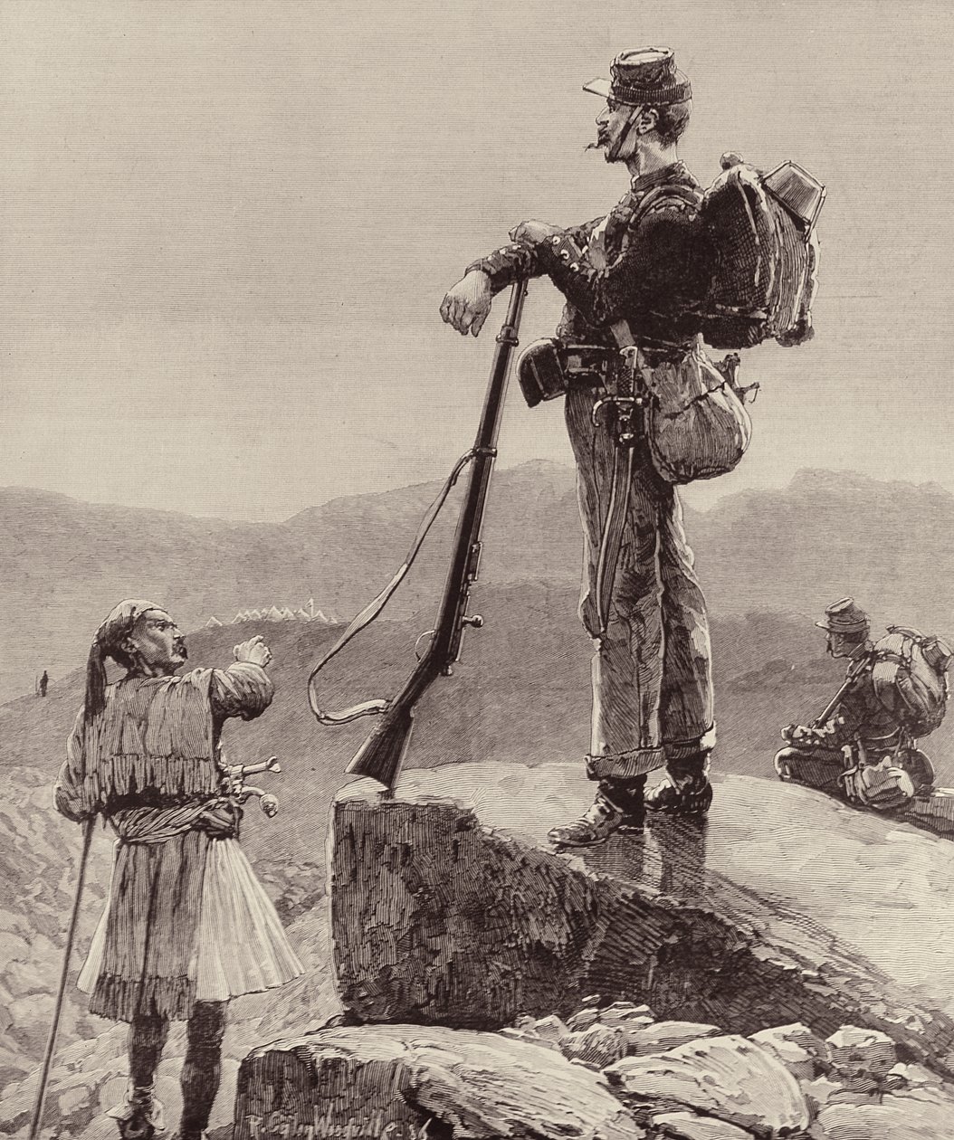En la vigilancia: Soldados de infantería del ejército griego, de The Illustrated London News, 4 de octubre de 1886 de Richard Caton II Woodville