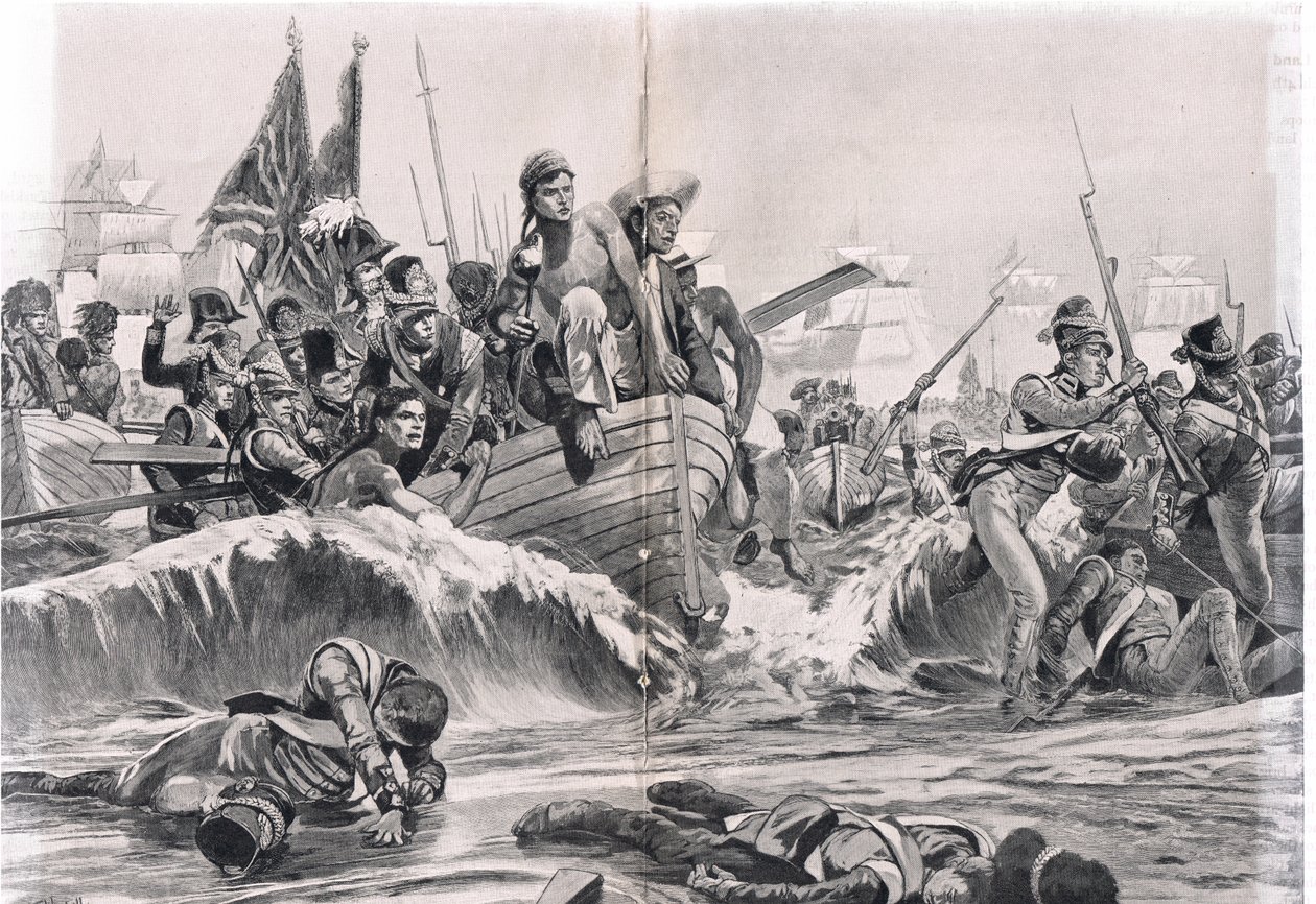 El desembarco de las tropas británicas en la bahía de Aboukir, ilustración de 