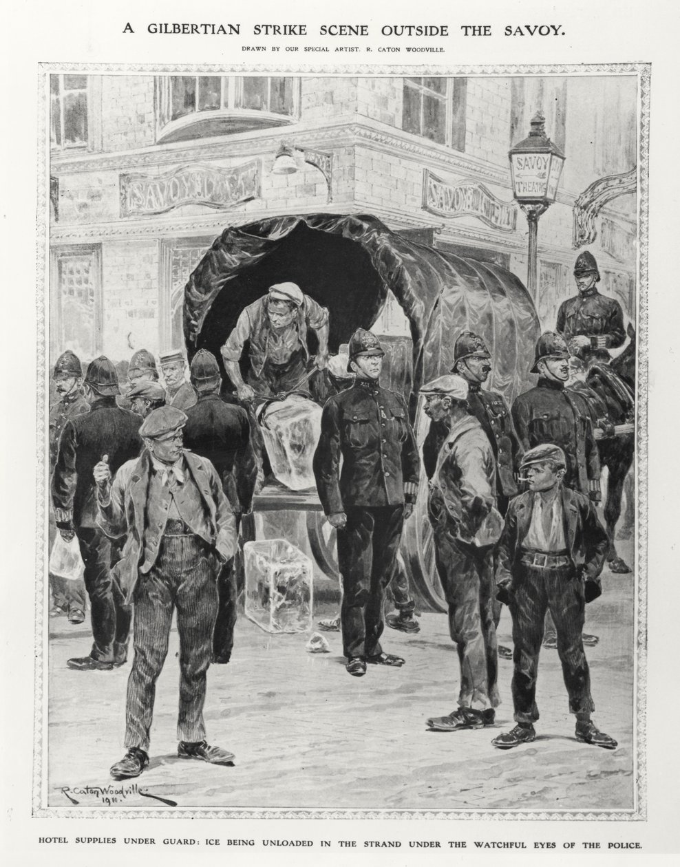 Una escena de huelga Gilbertiana fuera del Savoy, 1910 de Richard Caton after Woodville