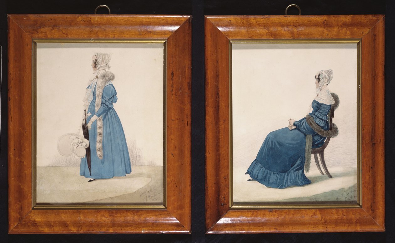 Dos retratos de una Dama Sentada y una Dama de Pie en Vestidos Azules, c.1830 de Richard Dighton