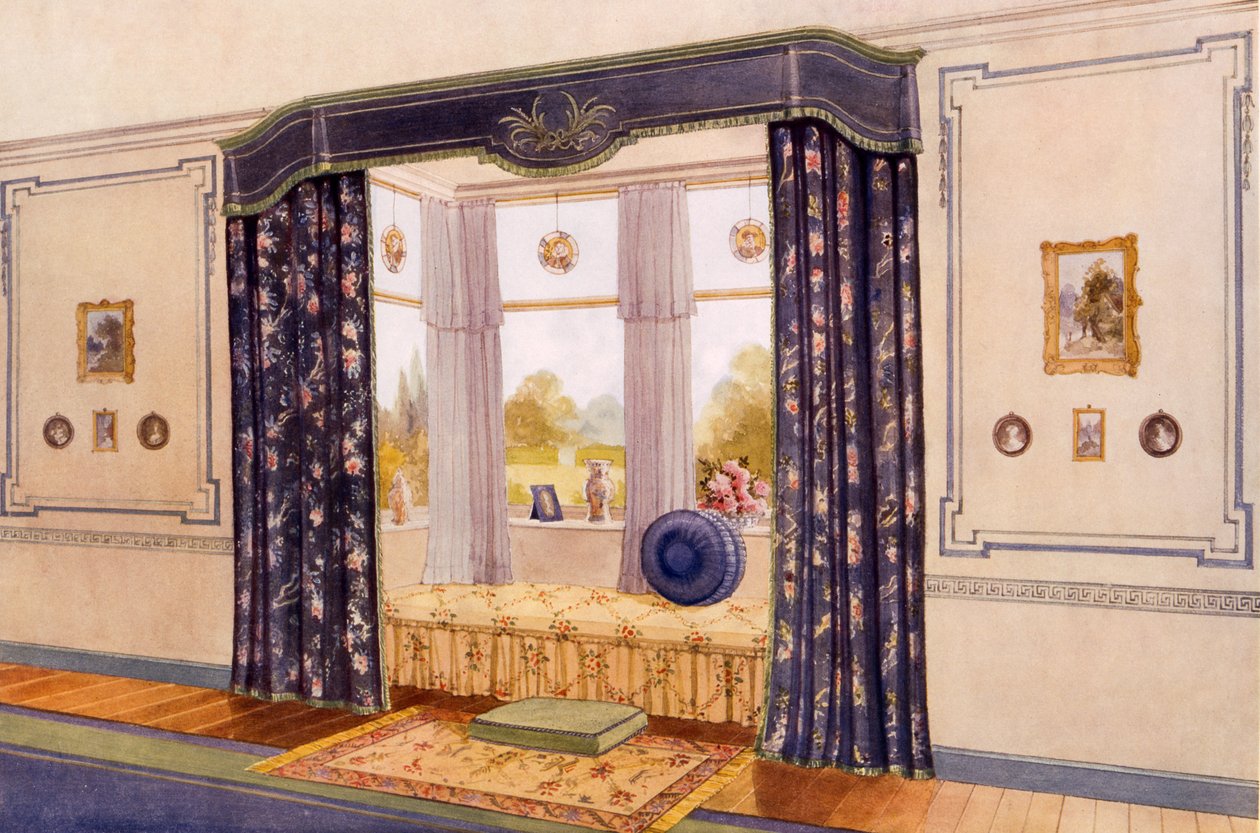Asiento de ventana rodeado de lujosas cortinas, principios del siglo XX de Richard Goulburn Lovell