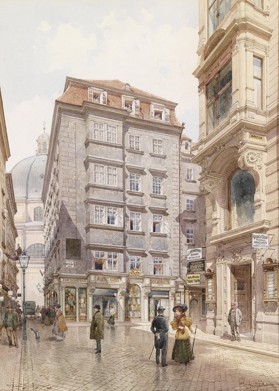 La tienda de telas Albert Hardt en la Freisingergasse, al fondo la iglesia de San Pedro de Richard Moser
