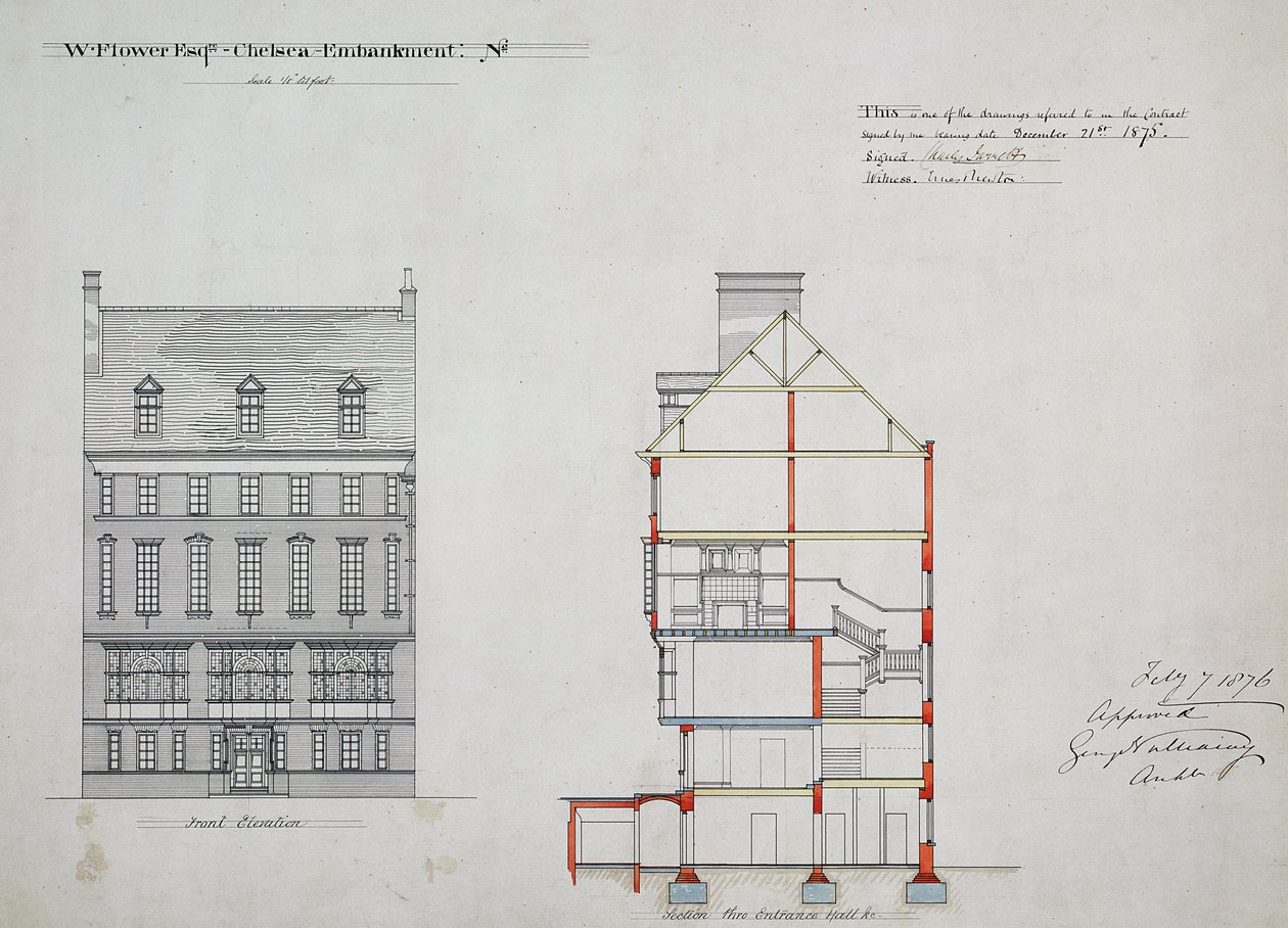 Diseño para una casa para W. Flower Esq, Chelsea Embankment, Londres, 1876 de Richard Norman Shaw