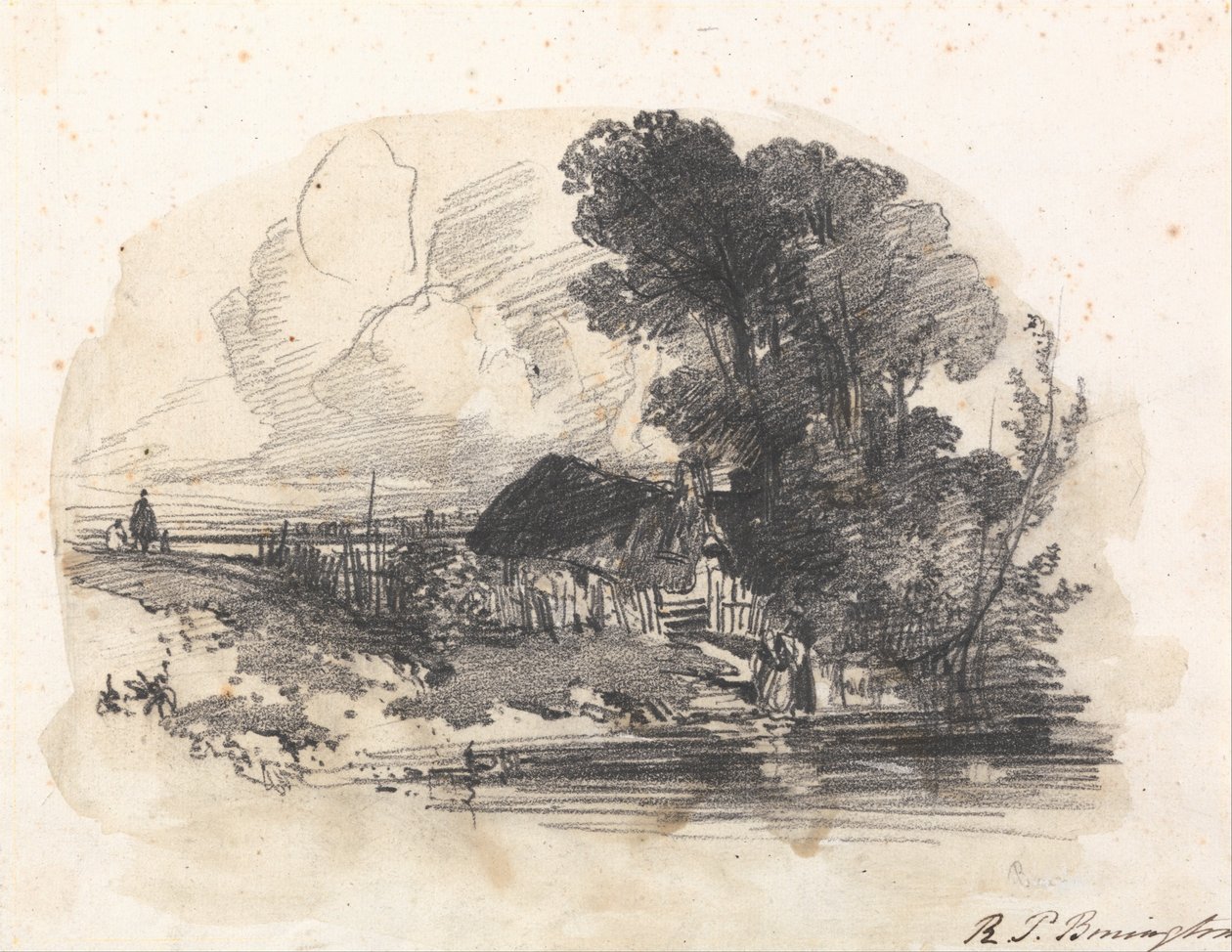 Árboles y una cabaña junto a un río de Richard Parkes Bonington