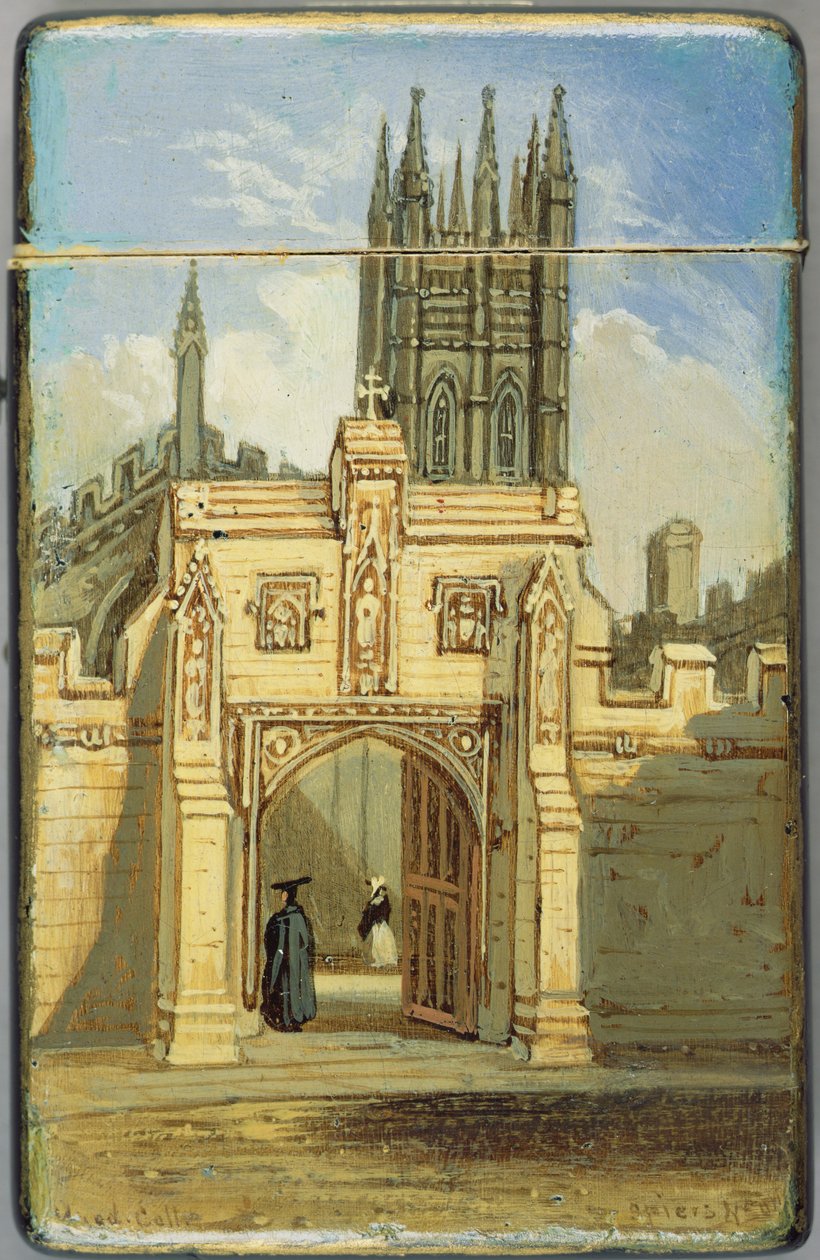 Estuche de tarjeta victoriana, con una escena del Magdalen College, Oxford (papel maché) de Richard Phene and Benjamin W. Spiers