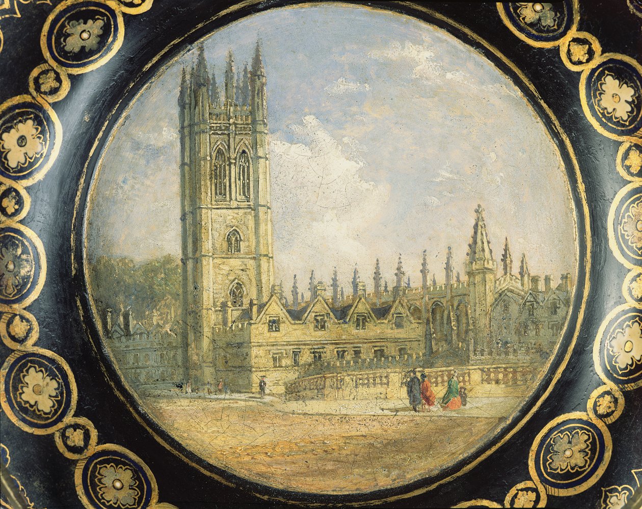 Bandeja victoriana decorada con una escena del Magdalen College, Oxford de Richard Phene and Benjamin W. Spiers