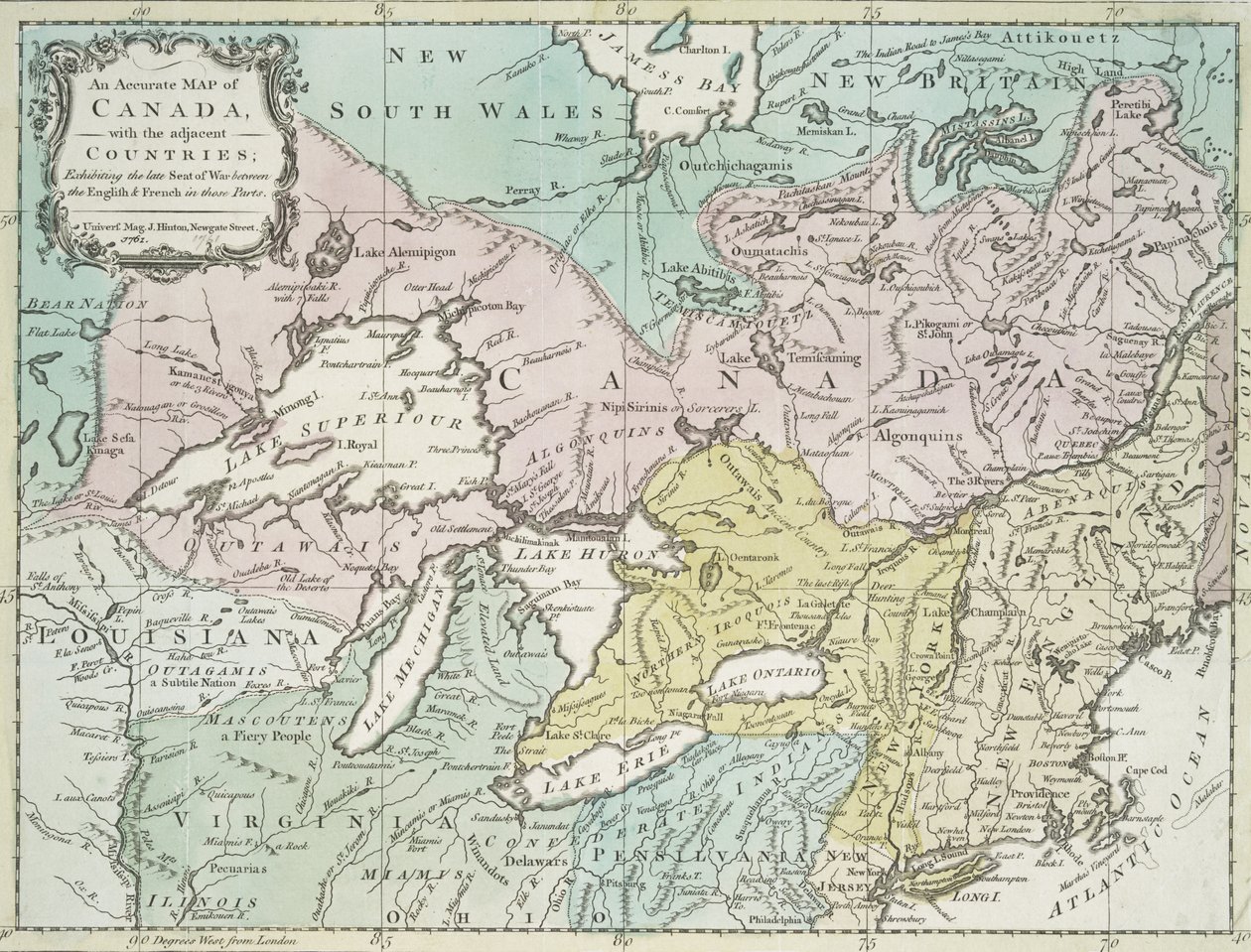 Un mapa preciso de Canadá, con los países adyacentes, 1761 de Richard William Seale