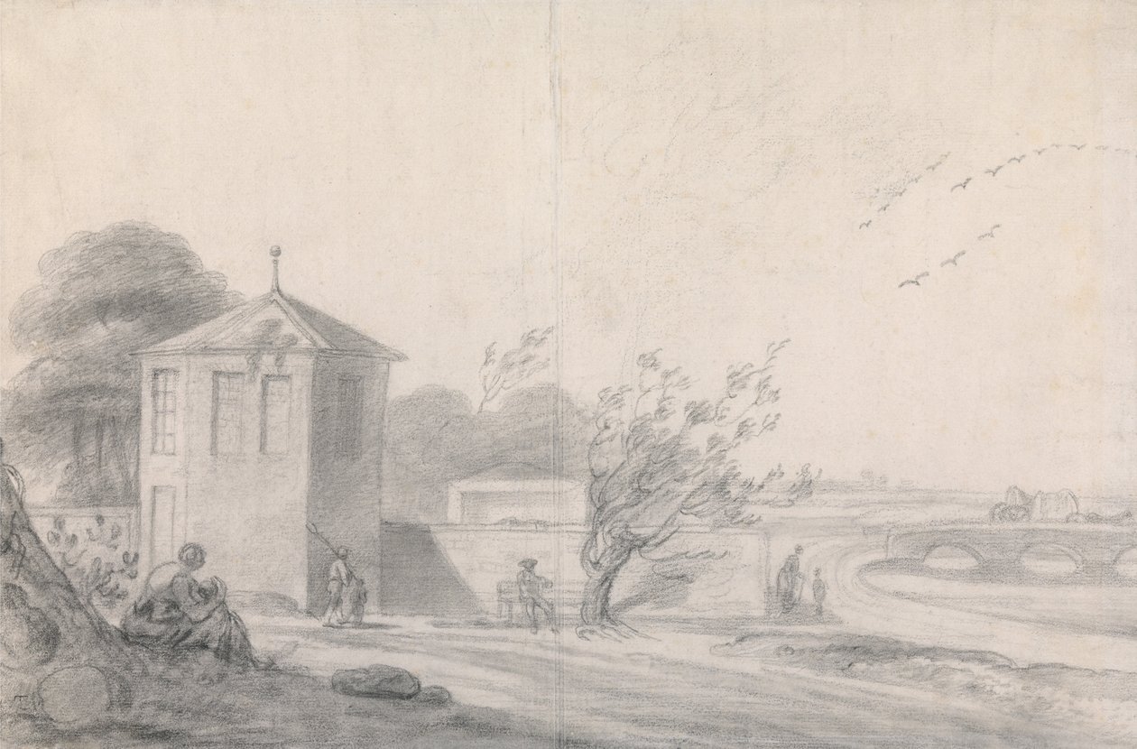 Escena junto al río con figuras, edificio hexagonal a la izquierda y carro tirado por caballos cruzando el puente a la derecha de Richard Wilson