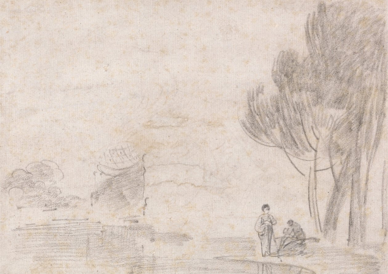 Templo en ruinas de Minerva, dos figuras en la orilla del río de Richard Wilson