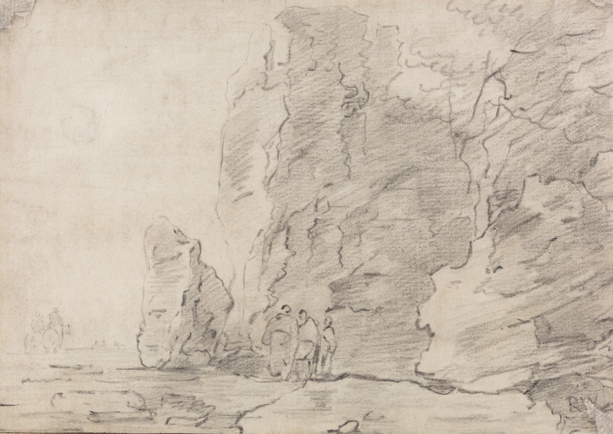 Tres figuras de pie junto a acantilados rocosos, dos jinetes en la distancia a la izquierda de Richard Wilson
