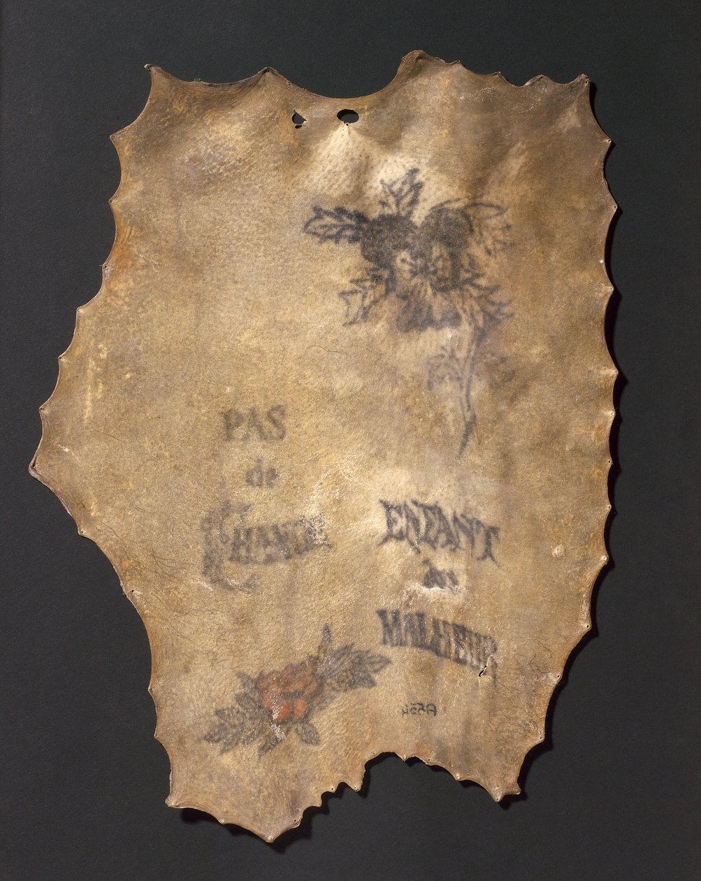 Piel humana tatuada con flores e inscripciones, francesa de John Pardon