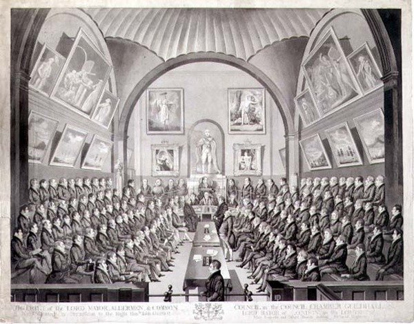 El Alcalde, los Concejales y el Consejo Común en la Cámara del Consejo del Guildhall, Londres, grabado por Thomas Sutherland, publicado 1825 de Richard (after) Dighton