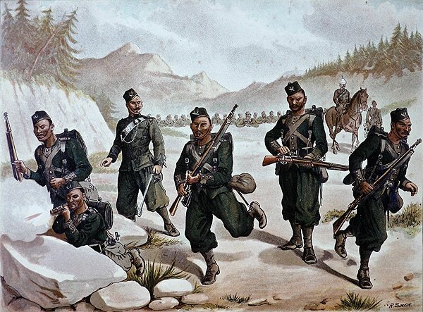 Los 3º Gurkhas en escaramuza, el ejército anglo-indio de la década de 1880 de Richard (after) Simkin