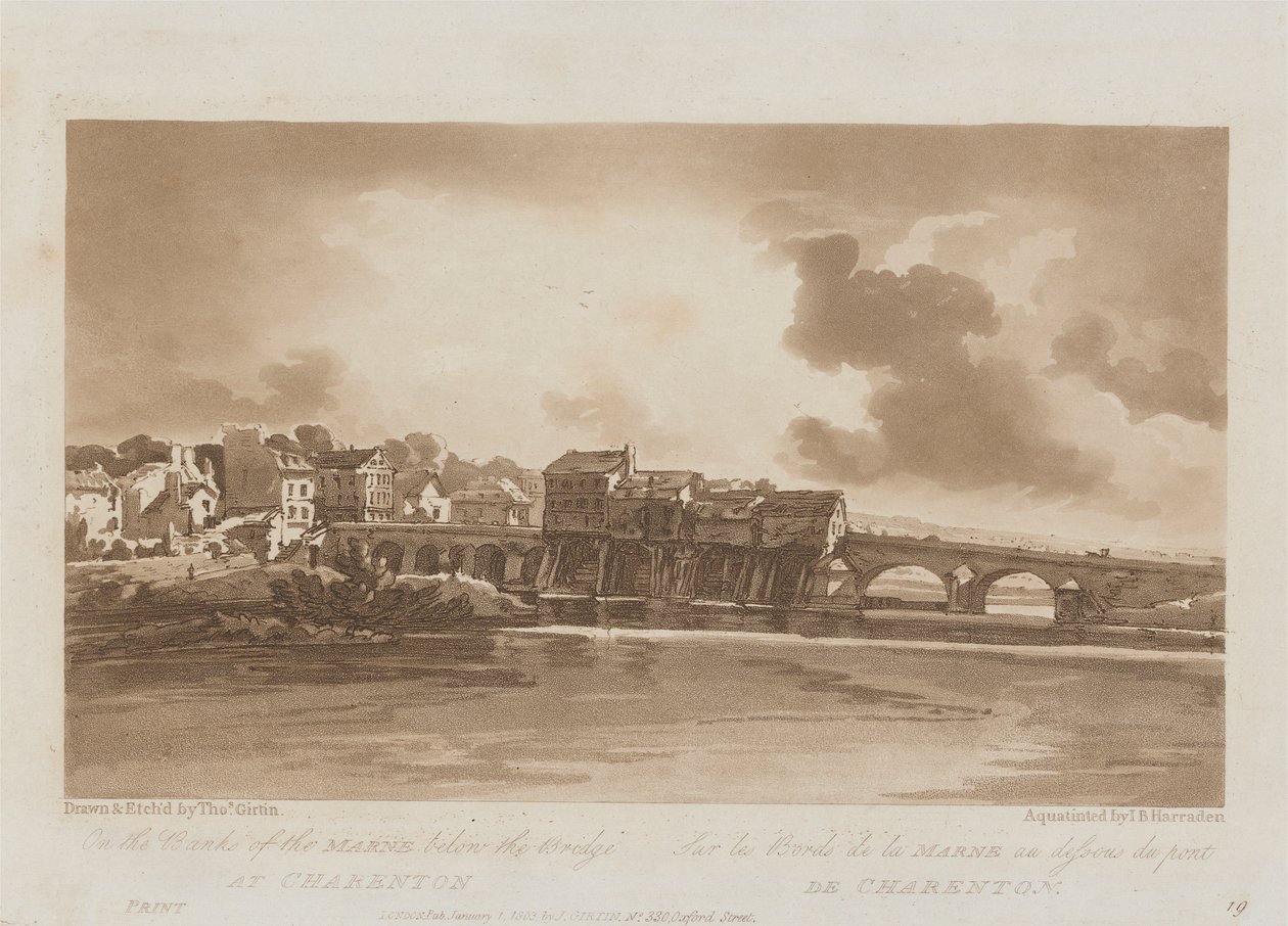 A orillas del Marne, bajo el puente de Charenton 1803; lámina 19 de Vistas de París, calco del volumen Emanuel de la lámina B1981.25.2628 de Richard Banks Harraden