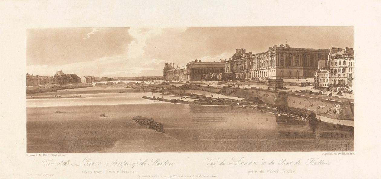 Vista del Louvre y del puente de las Thuilleries, tomada desde el Pont Neuf. 1802; Lámina 2 de Vistas de París, volumen Emanuel Calco de la lámina, B1981.25.2613 de Richard Banks Harraden