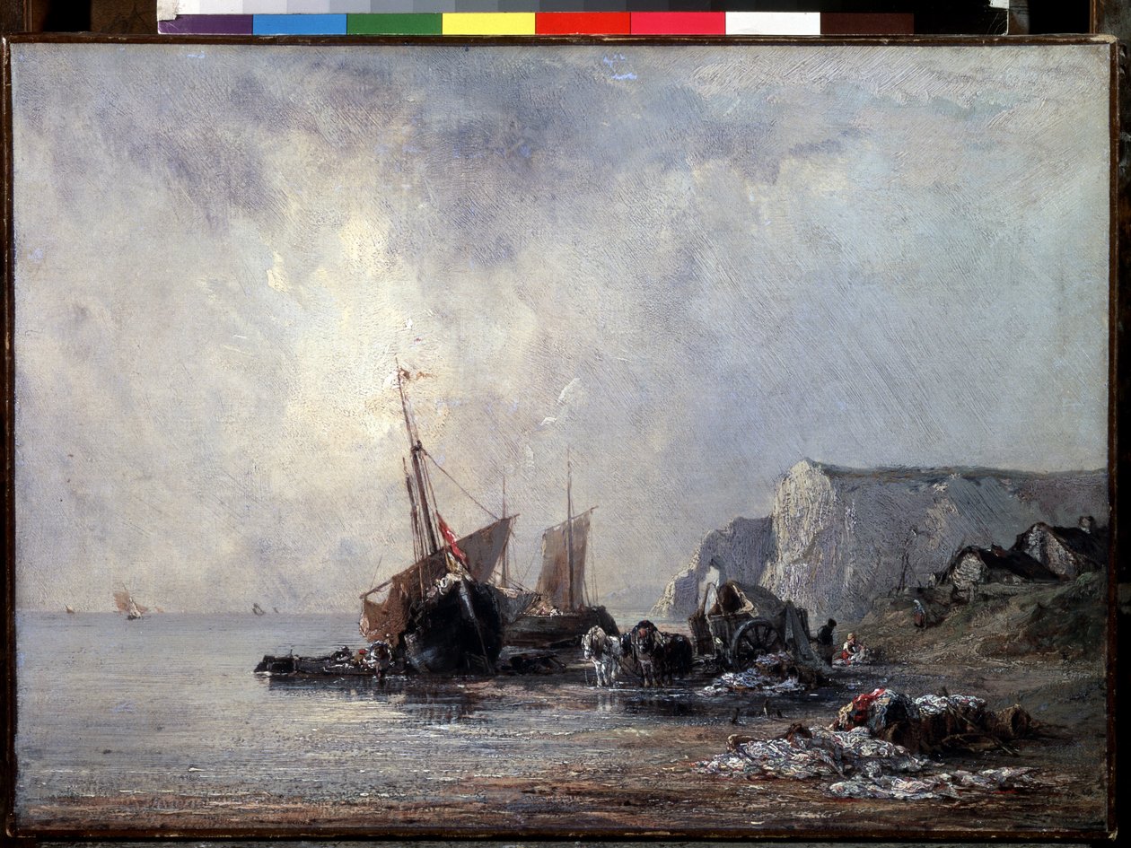 ""Barcos en la costa de Normandía"" (Barcos en la costa de Normandía) Pintura de Richard Parkes Bonington (1802-1828) 1823-1824 Dim. 33x46 cm San Petersburgo, Museo del Hermitage de Richard Bonington