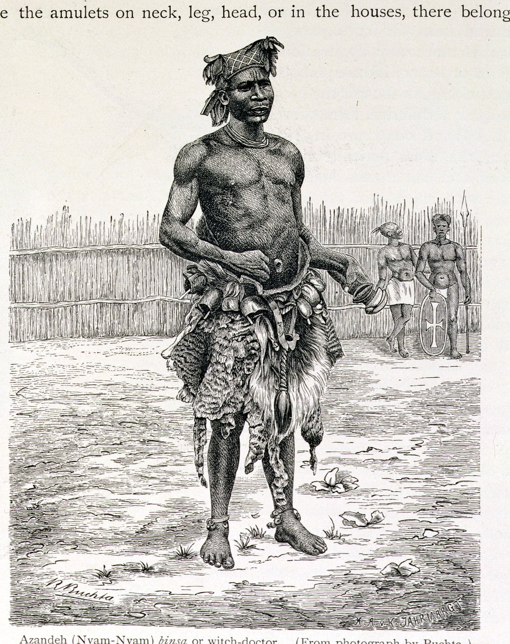 Azandeh (Nyam-Nyam) Binsa o curandero, grabado por Jahrmargt, de 