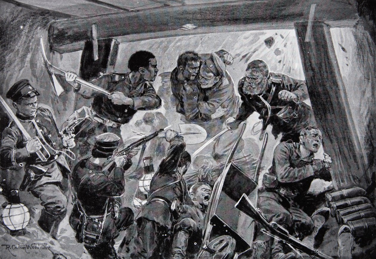 La guerra ruso-japonesa: una lucha cuerpo a cuerpo en las fortificaciones de Port Arthur, ilustración de 