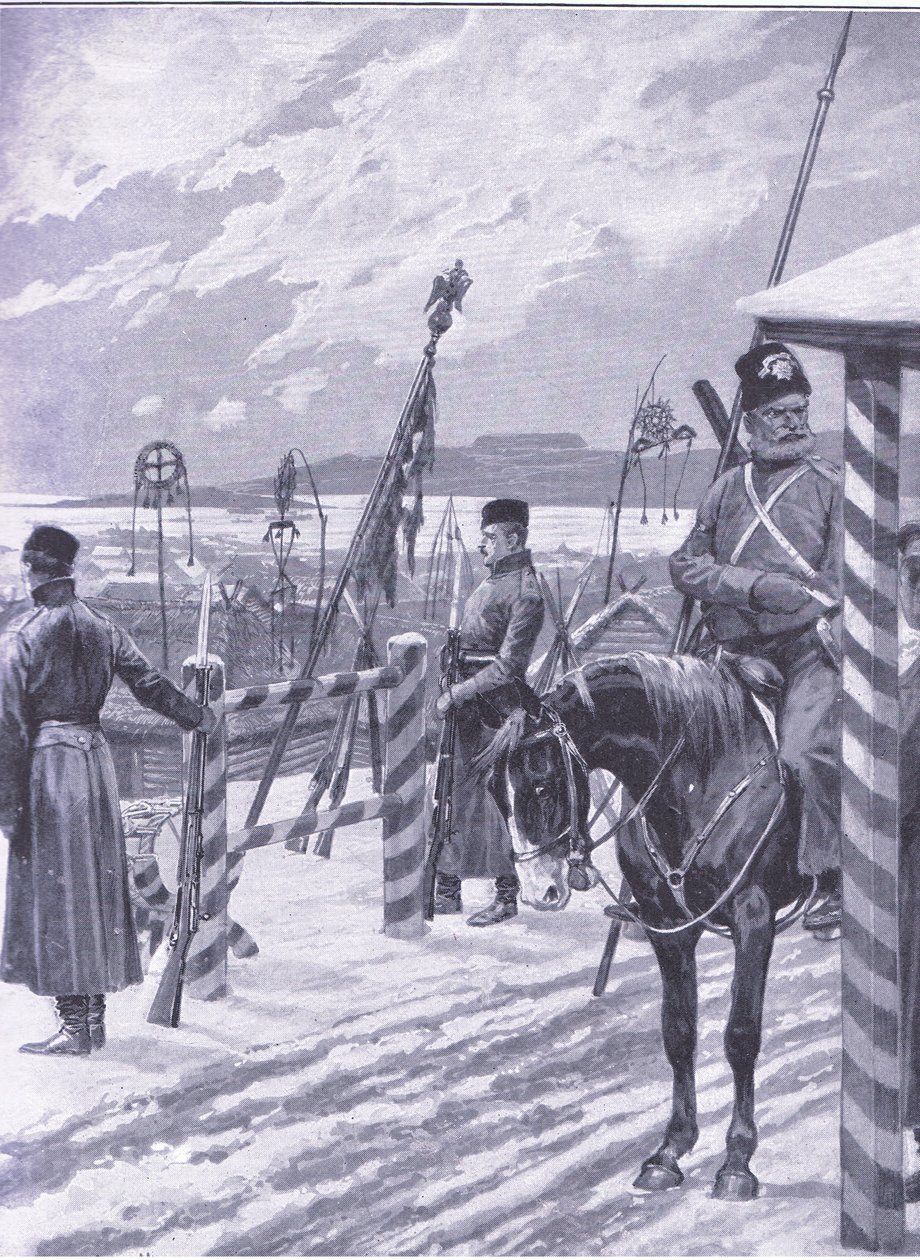 Una estación cosaca en Manchuria con signos tribales sobre las cabañas de los hombres, ilustración de Cassells History of the Russo-Japanese War Vol 1, c.1900 de Richard Caton Woodville