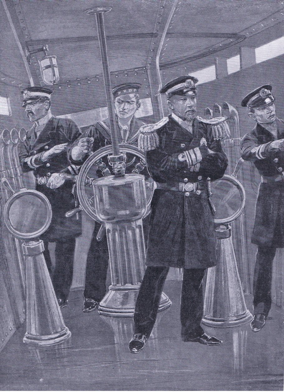 El almirante Togo en la torre de mando de su buque insignia, dirigiendo una acción naval, ilustración de la Historia de la Guerra Ruso-Japonesa de Cassell Vol 1, c.1900 de Richard Caton Woodville