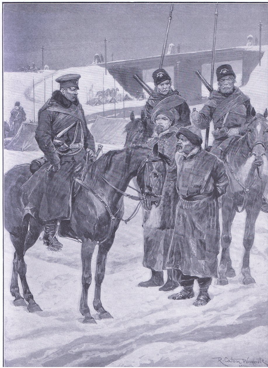 Arresto de espías japoneses descubiertos como coolies, ilustración de la Historia de la Guerra Ruso-Japonesa de Cassell Vol 1, c.1900 de Richard Caton Woodville