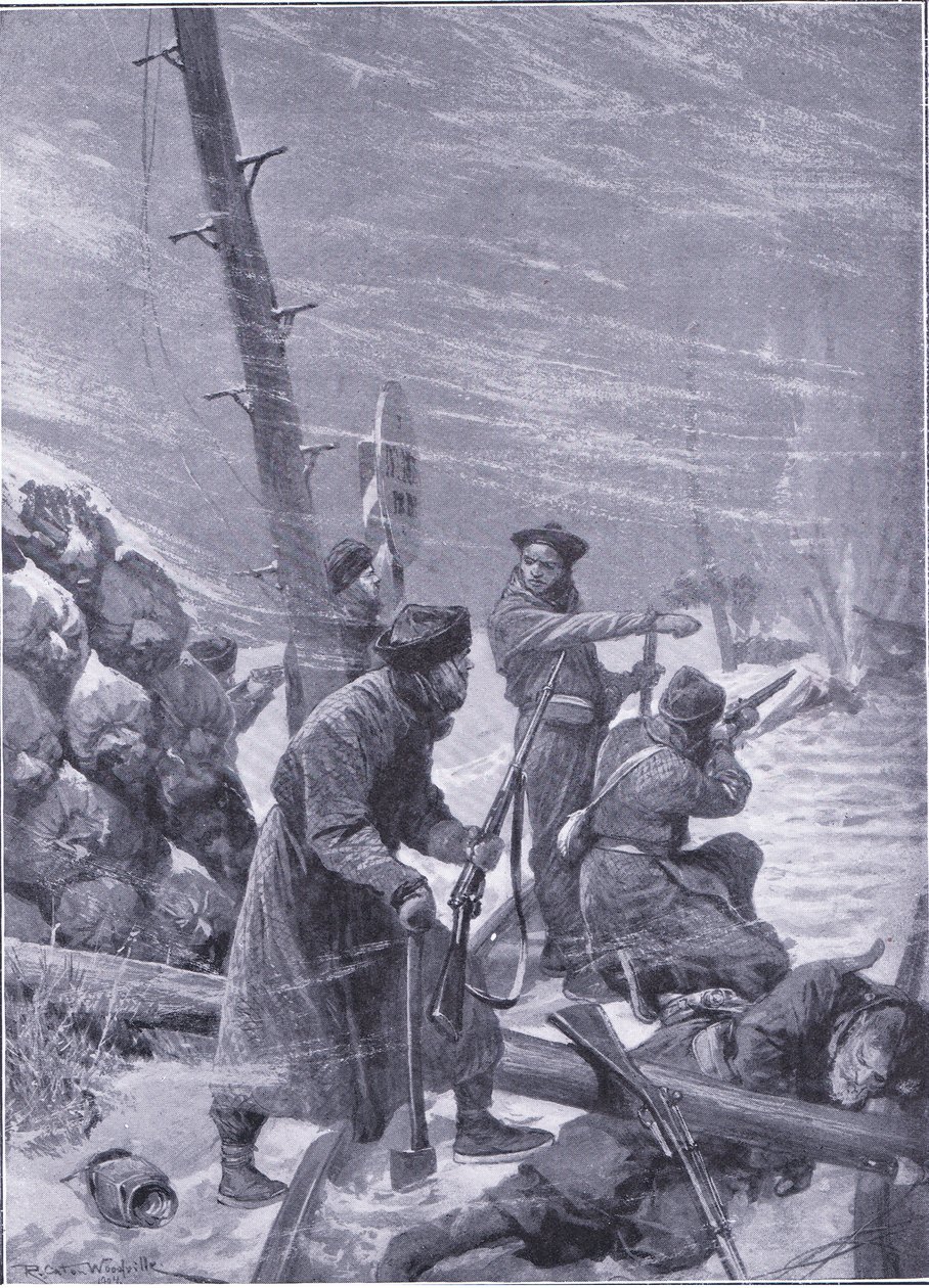 Ataque al ferrocarril por Chunchuses, ilustración de la Historia de la Guerra Ruso-Japonesa de Cassell Vol 1, c.1900 de Richard Caton Woodville