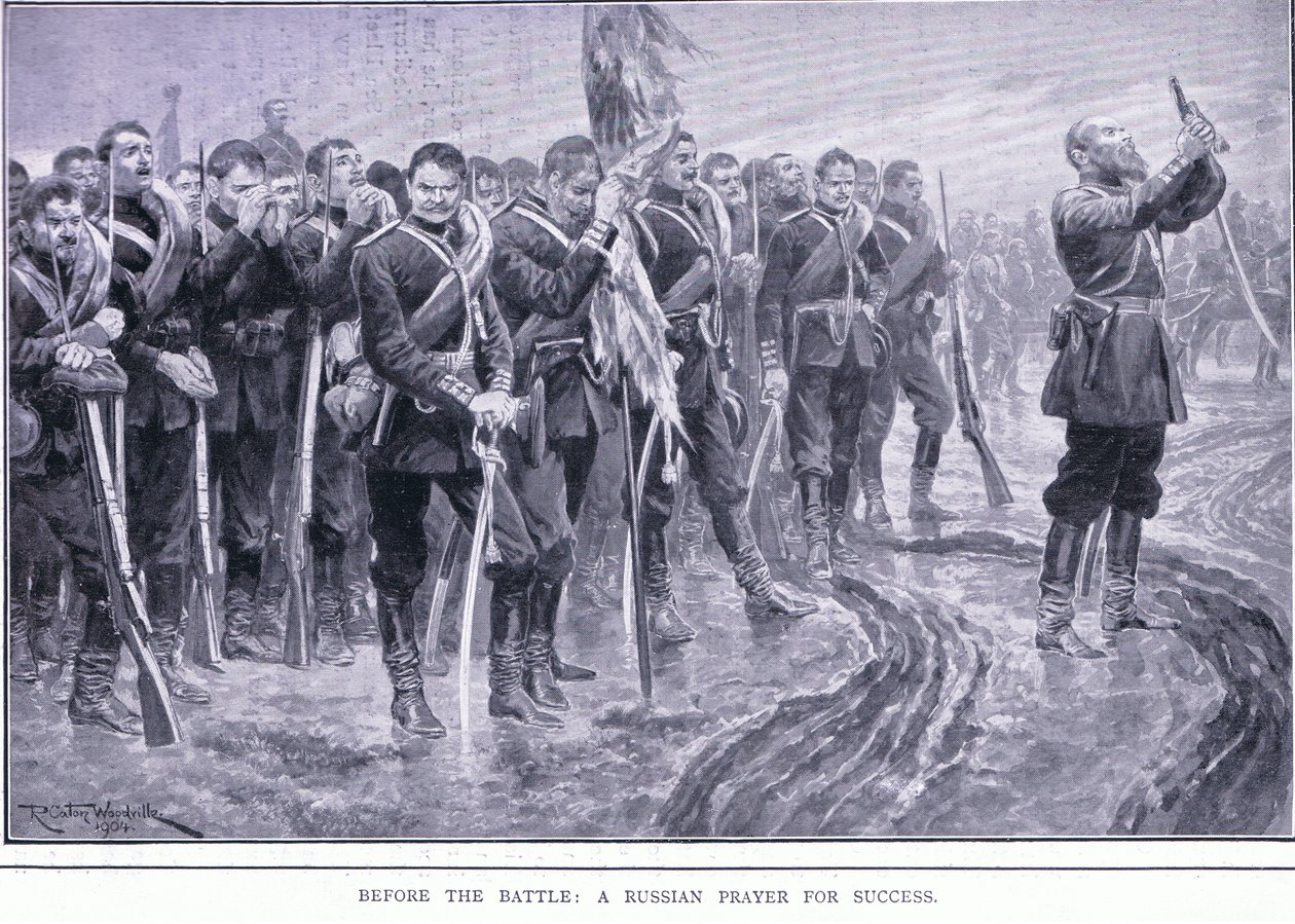 Antes de la batalla: Una oración rusa por el éxito, ilustración de Cassells History of the Russo-Japanese War Vol 1, c.1900 de Richard Caton Woodville