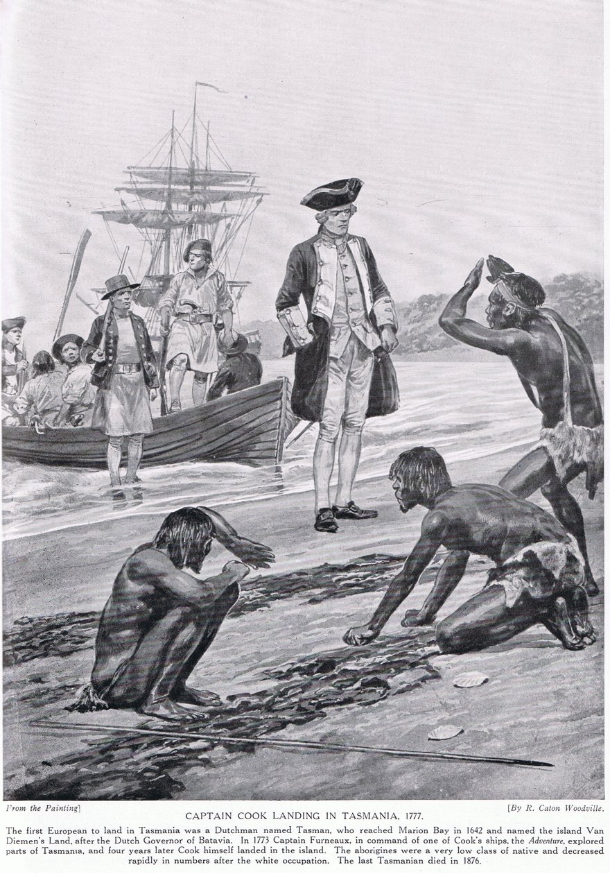 El capitán Cook desembarcando en Tasmania, 1777, ilustración de 