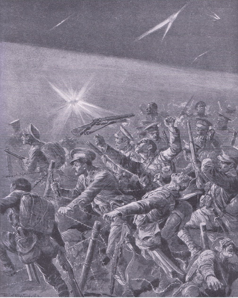 Atrapados en alambradas: Ataque nocturno de la infantería británica, de Historia de la Gran Guerra Vol 3 publicado por Waverley Book Co Limited, c.1920 de Richard Caton Woodville