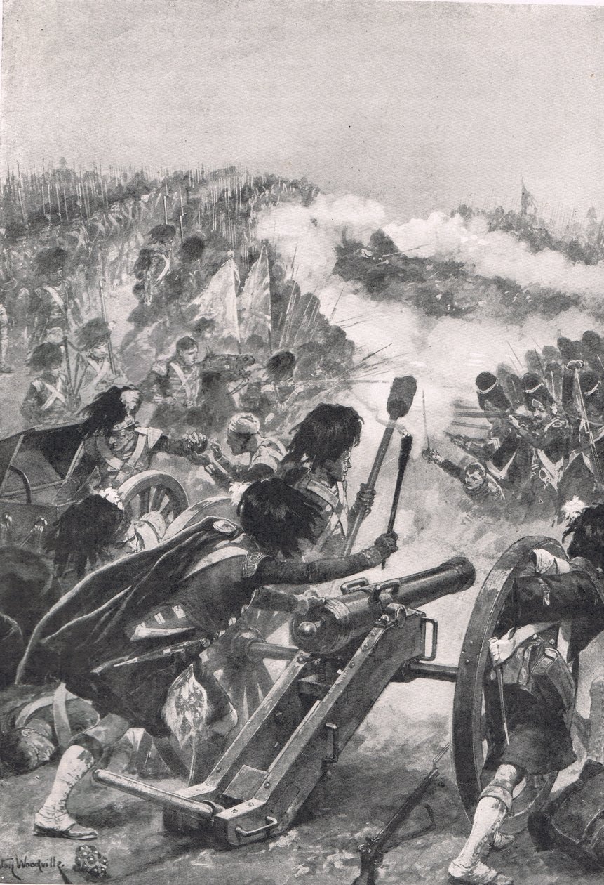 Los Highlanders girando los cañones franceses capturados hacia los batallones de Brenniers, ilustración de 