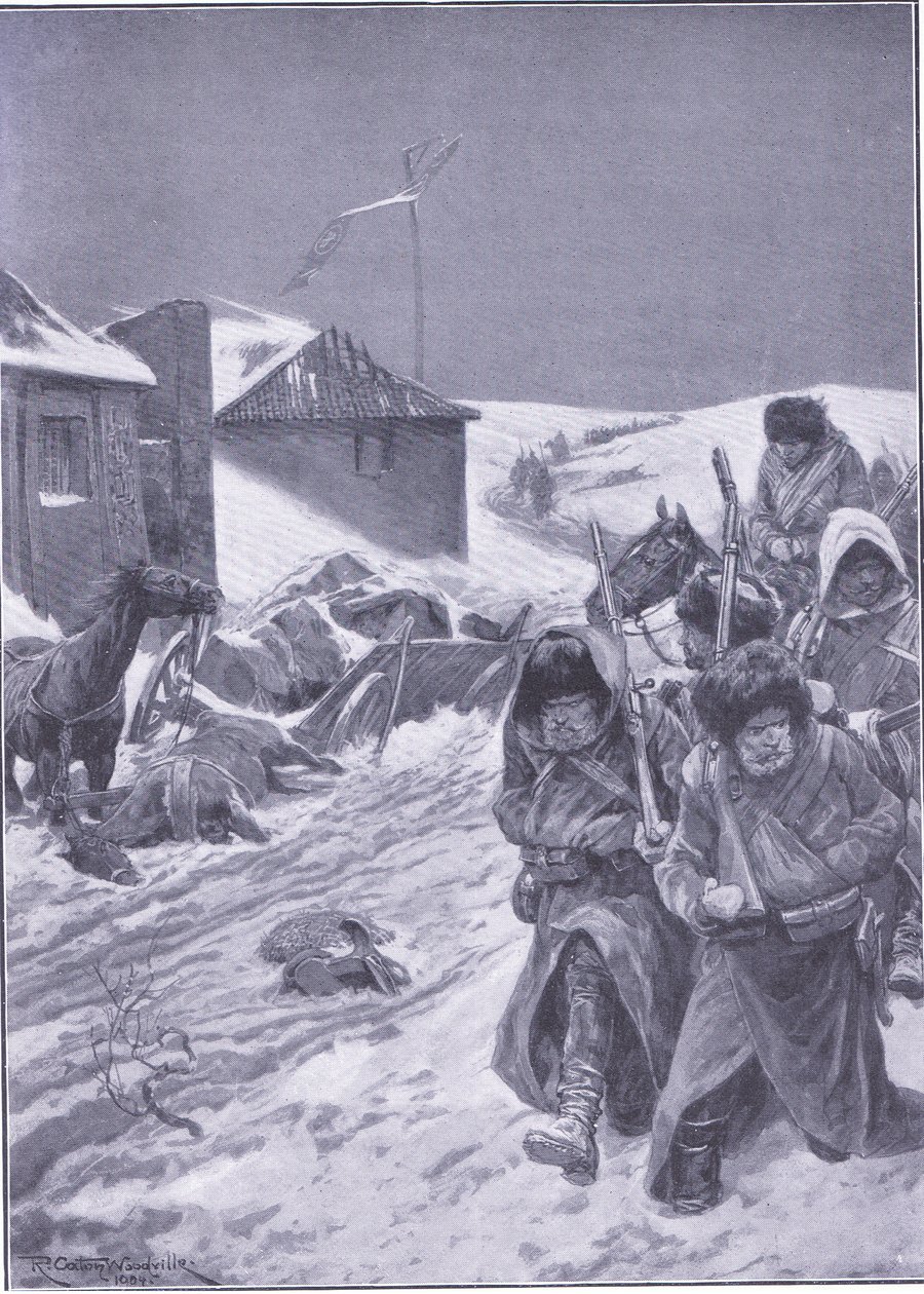 La marcha interminable hacia el este: Una vista familiar en el camino, ilustración de la Historia de la Guerra Ruso-Japonesa de Cassell Vol 1, c.1900 de Richard Caton Woodville