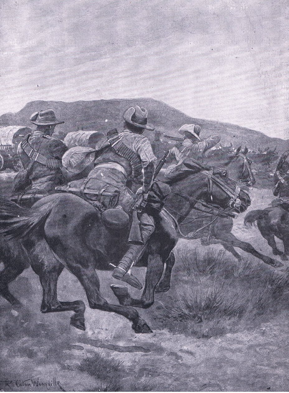 La caballería atacando la retaguardia y el transporte de De Wet, de Después de Pretoria: La Guerra de Guerrillas publicado por Harmsworth Bros Limited, 1901 de Richard Caton Woodville