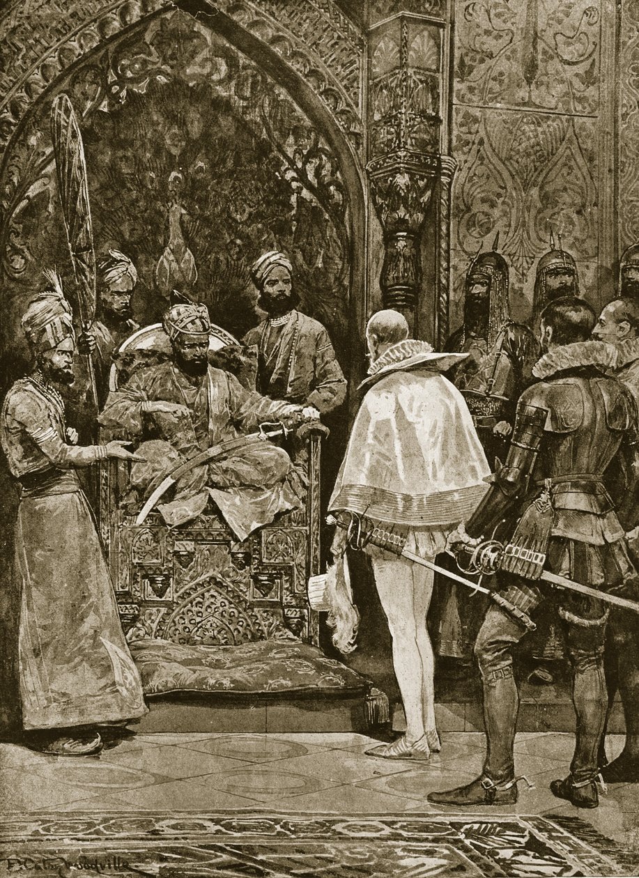 Una embajada inglesa temprana a la India, 1599, ilustración de 