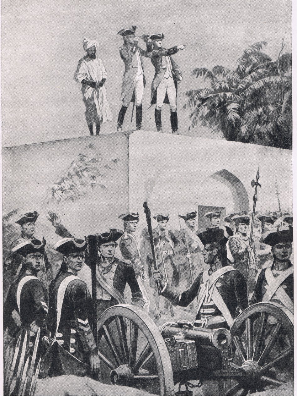 Batalla de Plassey, 23 de junio de 1757: Clive en el techo del pabellón de caza de Nawab Surat-ud-Daula, ilustración de British Battles on Land and Sea, 1915 de Richard Caton Woodville junior