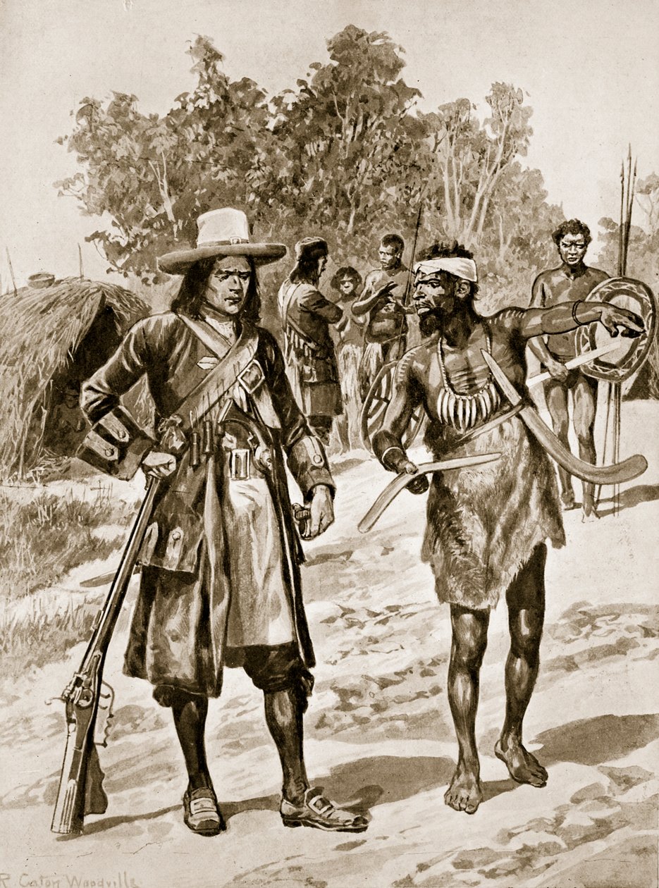 Dampier examinando un boomerang en Australia, ilustración de 