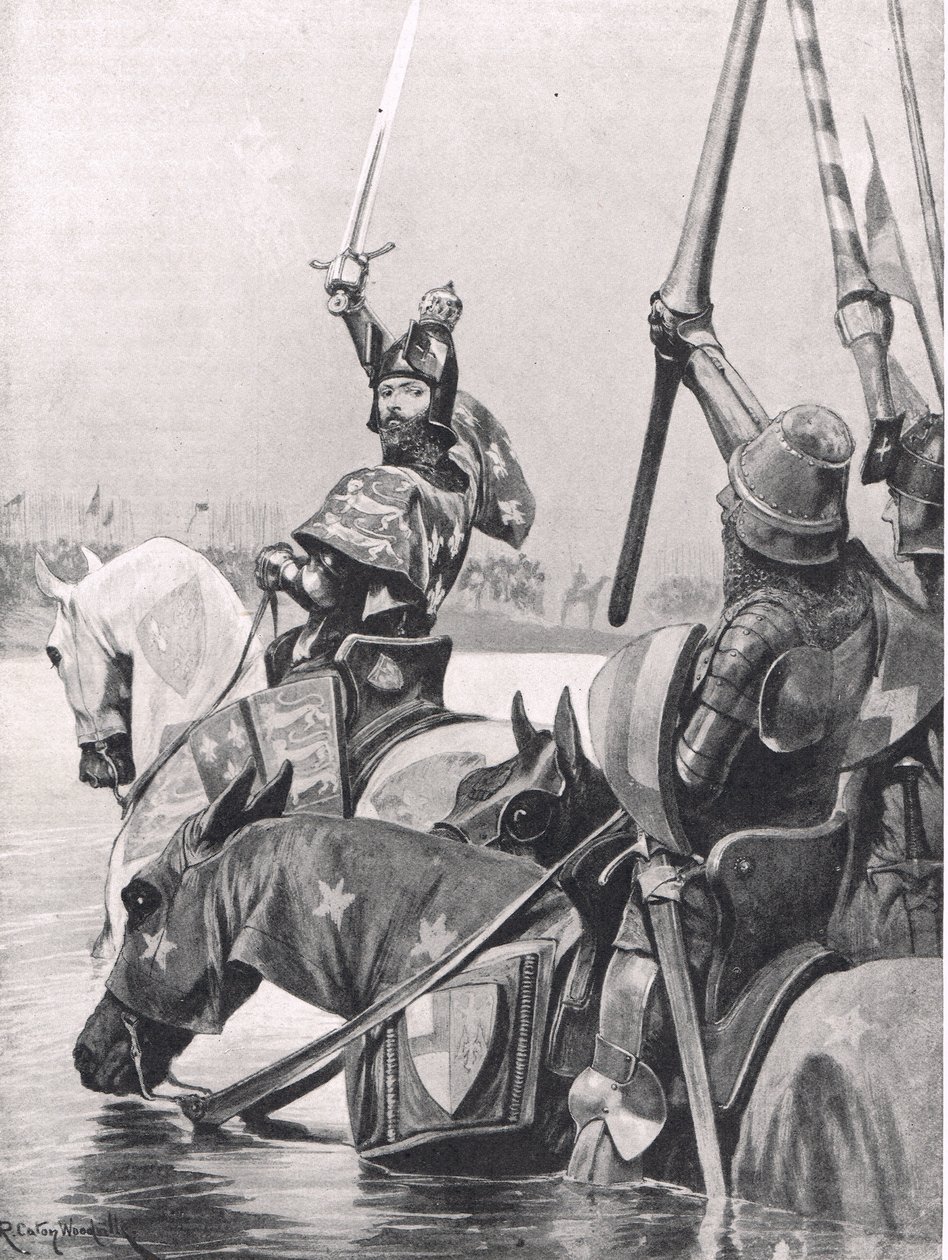 Eduardo III cruzando el Somme antes de la Batalla de Crécy, ilustración de 