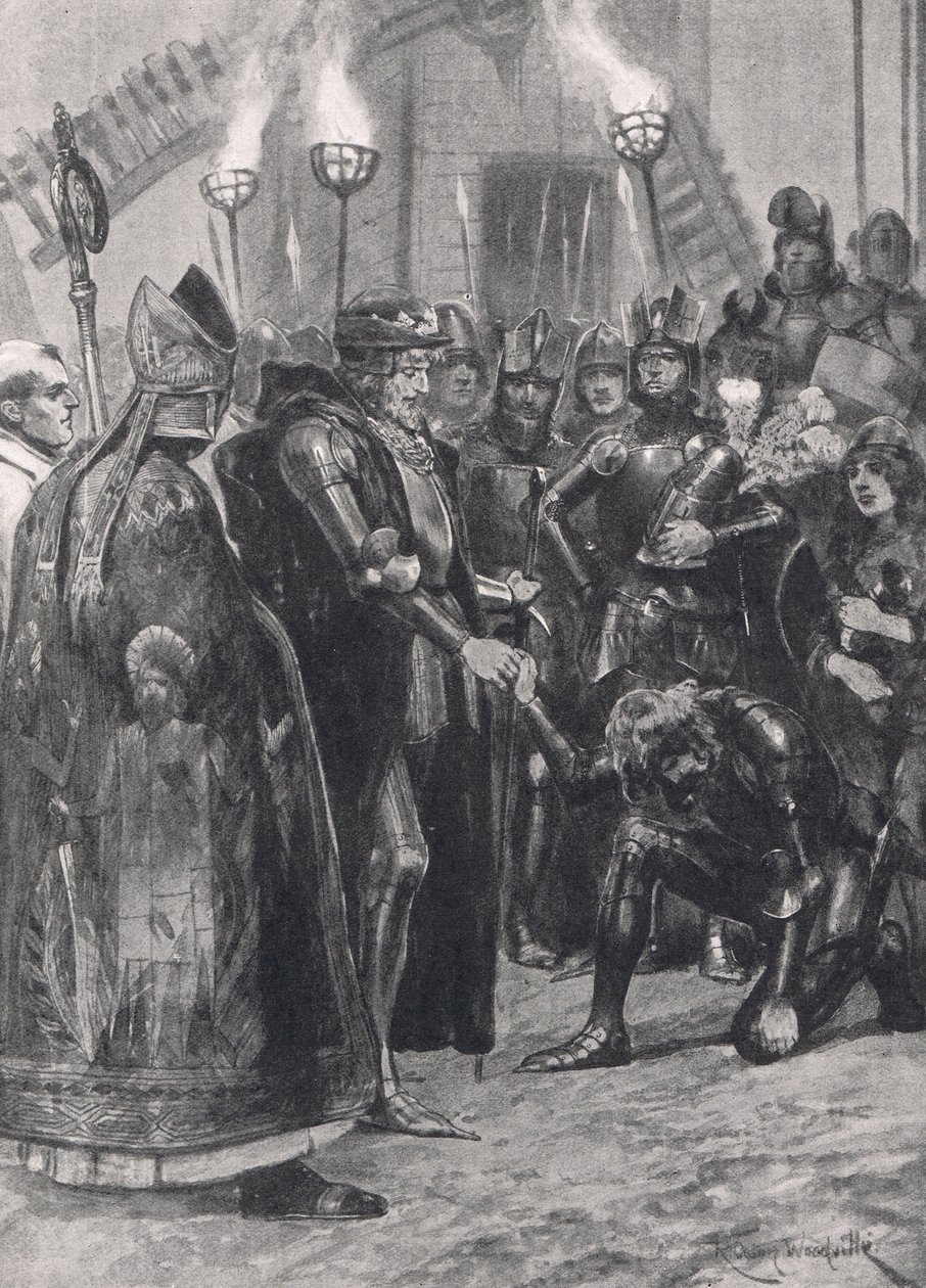Eduardo III saludando al Príncipe de Gales después de la Batalla de Crécy, ilustración de 