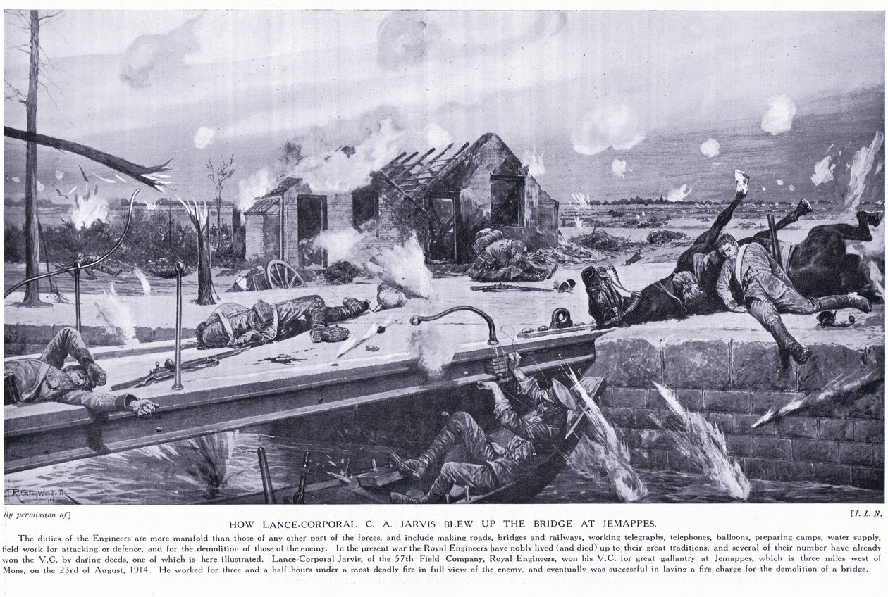 Cómo el cabo Lance C A Jarvis voló un puente en Jemappes cerca de Mons y ganó la VC, agosto de 1914 de Richard Caton Woodville junior