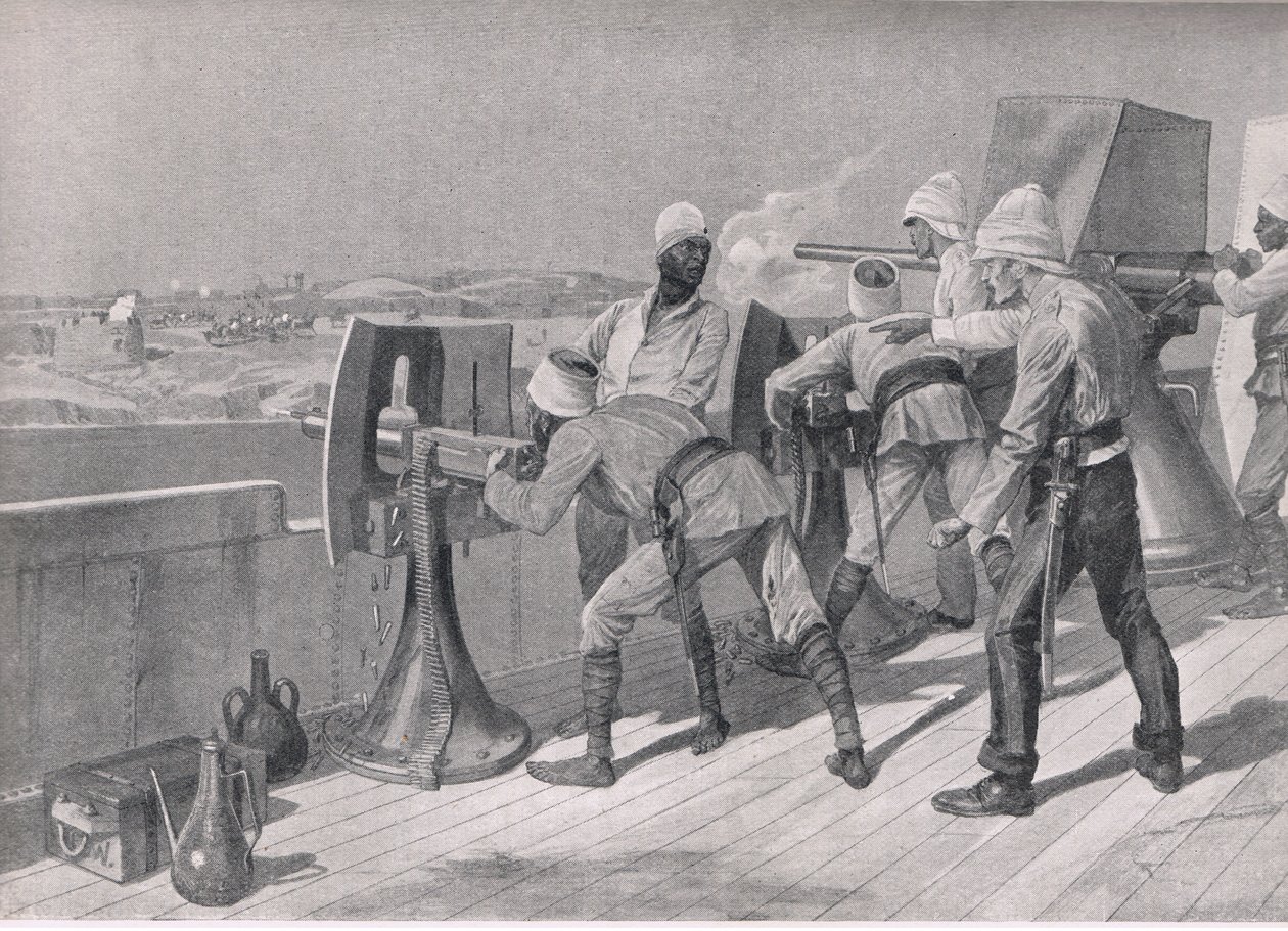 En el camino hacia el Nilo: Disparando a los derviches, ilustración de British Battles on Land and Sea, 1915 de Richard Caton Woodville junior