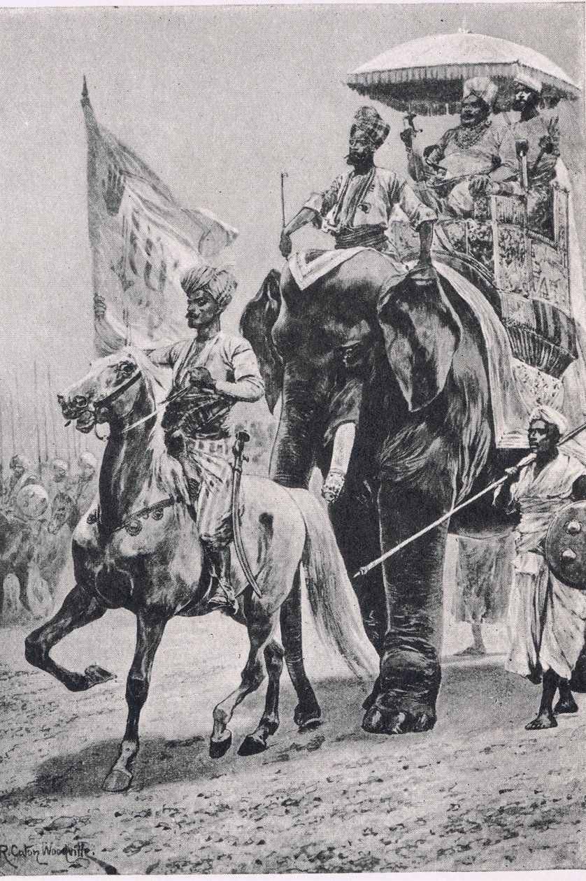 Suraj-ud-Daula en Plassey, 23 de junio de 1757, ilustración de British Battles on Land and Sea, 1915 de Richard Caton Woodville junior