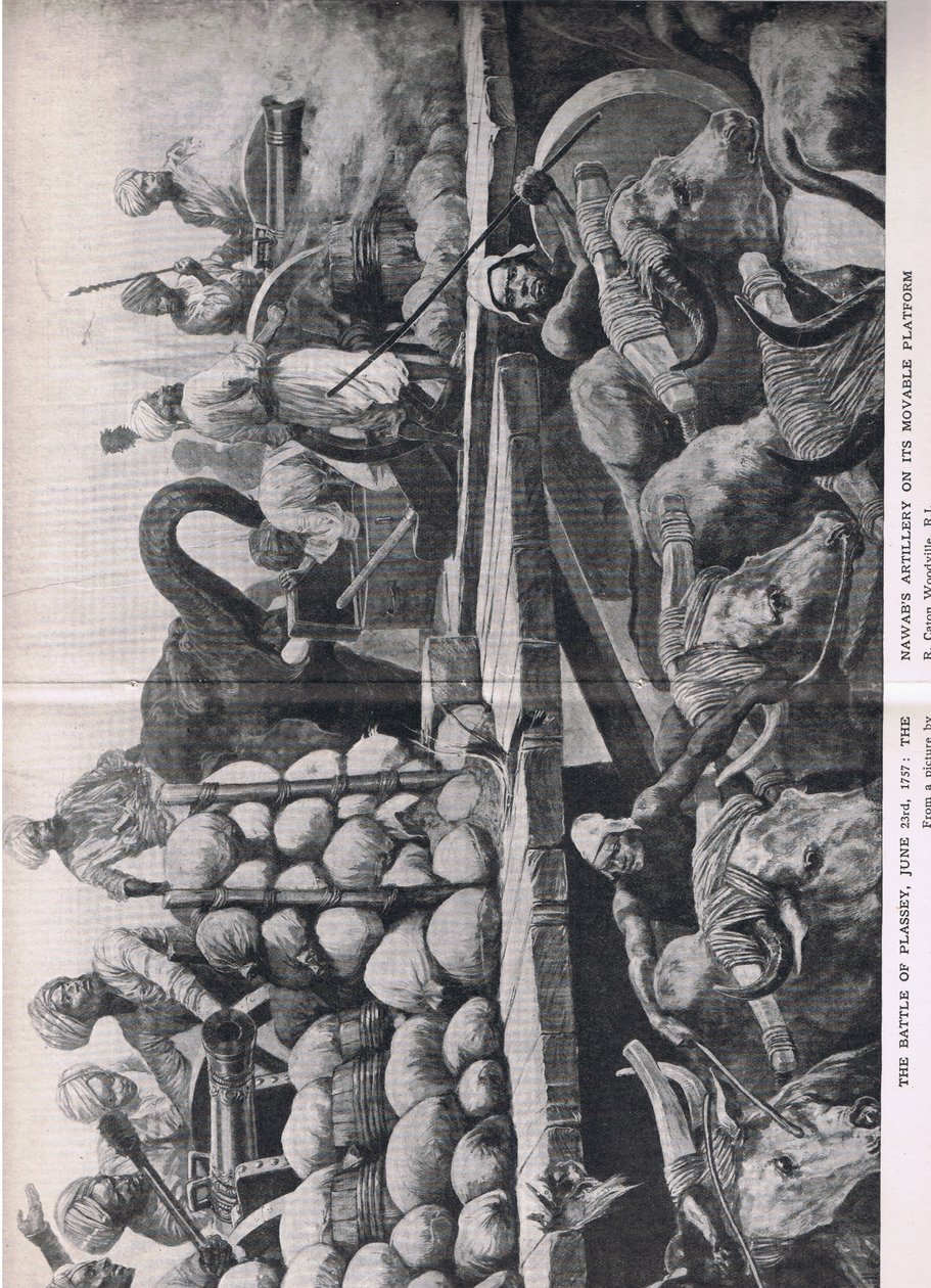 La batalla de Plassey, 23 de junio de 1757: La artillería del Nawab en su plataforma móvil, ilustración de British Battles on Land and Sea, 1915 de Richard Caton Woodville junior