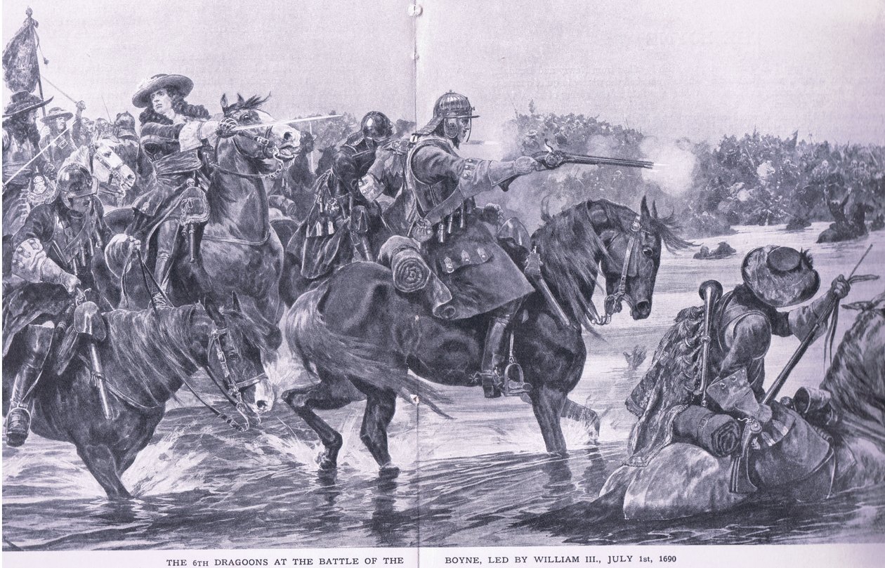 La batalla del Boyne, 1 de julio de 1690, ilustración de British Battles on Land and Sea, 1915 de Richard Caton Woodville junior
