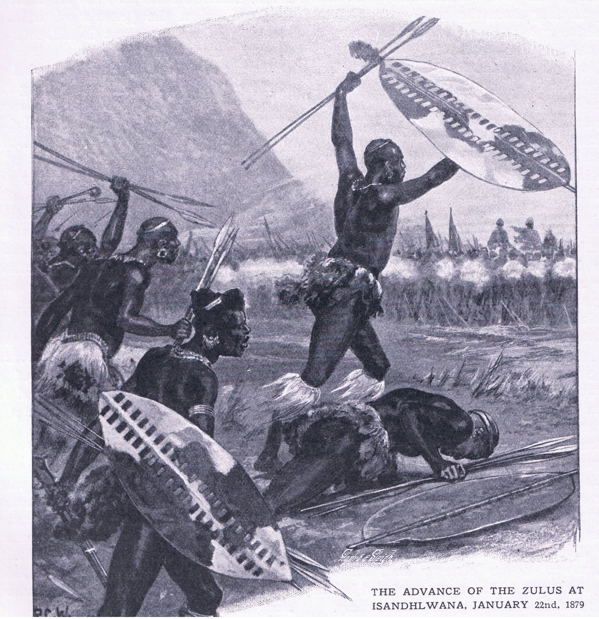 El avance de los zulúes en Isandhlwana, 22 de enero de 1879, ilustración de British Battles on Land and Sea, 1915 de Richard Caton Woodville junior